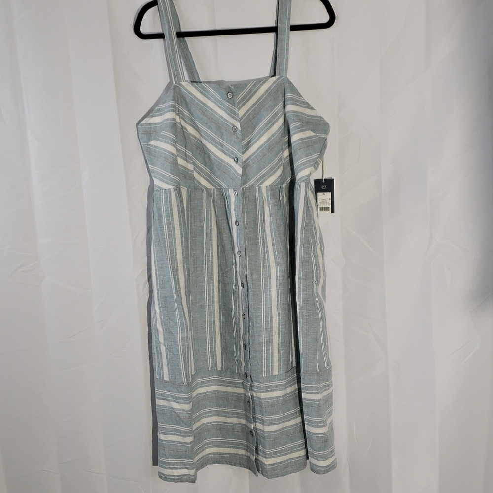 Linen Cotton Sleeveless Chambray Striped Blue MIDI Dress NWT Size Xl 2 Pockets